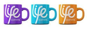 Lifecomms branding on mugs